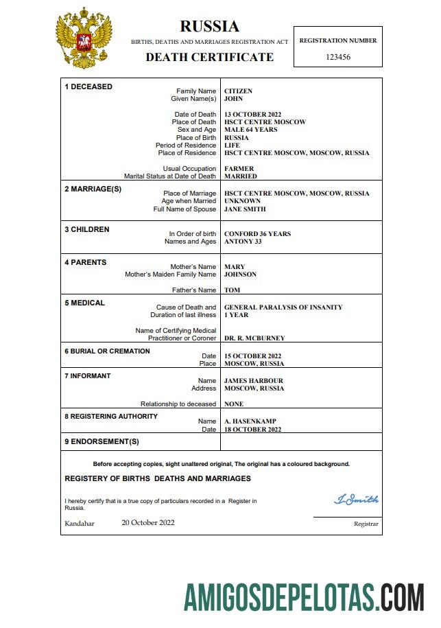 Em branco modelo Word e PDF de certidão de óbito na Rússia